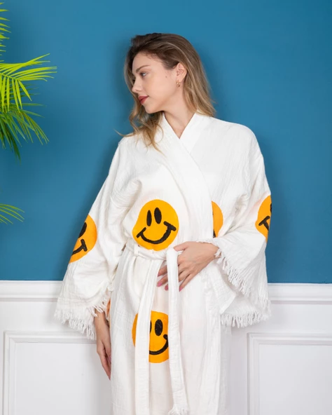 Bornoz ,Plaj Kıyafeti,Kimono , Kaftan ,Sabahlık Gülen Emoji Desen Baskılı - 4