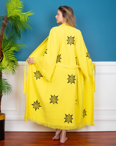 Bornoz ,Plaj Kıyafeti,Kimono , Kaftan ,Sabahlık  Sarı Kumaş Yaşam Çarkı Desen Baskılı