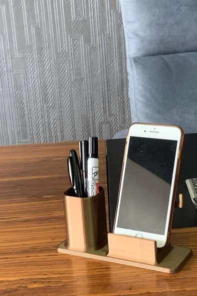 Masaüstü Kalemlik Ve Telefon Standı - Altın Kahve - 3