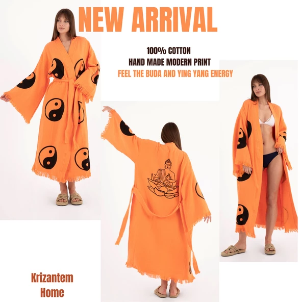 Bornoz ,Plaj Kıyafeti,Kimono , Kaftan ,Sabahlık  Turuncu Kumaş Ön Ying Yang Sırt Buda Baskılı