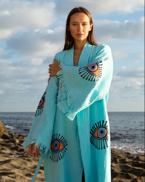Bornoz ,Plaj Kıyafeti,Kimono , Kaftan ,Sabahlık  Turkuaz Kumaş Turuncu Nazar Göz Baskılı - 10