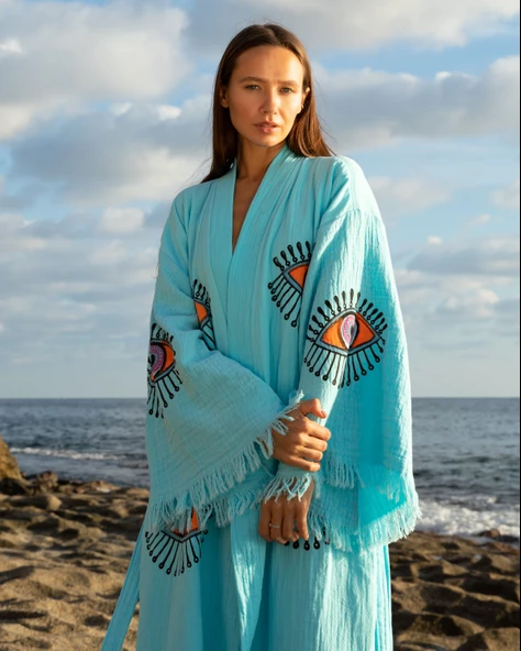 Bornoz ,Plaj Kıyafeti,Kimono , Kaftan ,Sabahlık  Turkuaz Kumaş Turuncu Nazar Göz Baskılı - 9