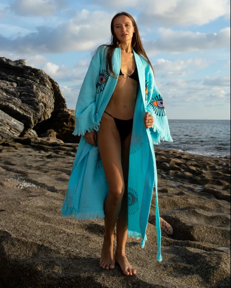 Bornoz ,Plaj Kıyafeti,Kimono , Kaftan ,Sabahlık  Turkuaz Kumaş Turuncu Nazar Göz Baskılı - 8