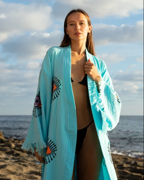 Bornoz ,Plaj Kıyafeti,Kimono , Kaftan ,Sabahlık  Turkuaz Kumaş Turuncu Nazar Göz Baskılı - 3
