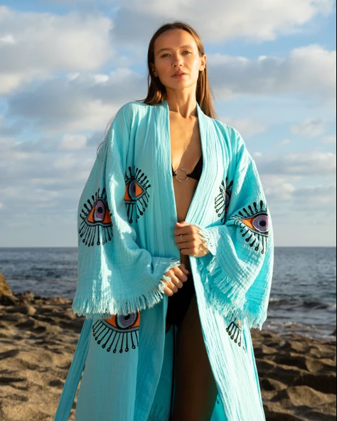 Bornoz ,Plaj Kıyafeti,Kimono , Kaftan ,Sabahlık  Turkuaz Kumaş Turuncu Nazar Göz Baskılı - 5