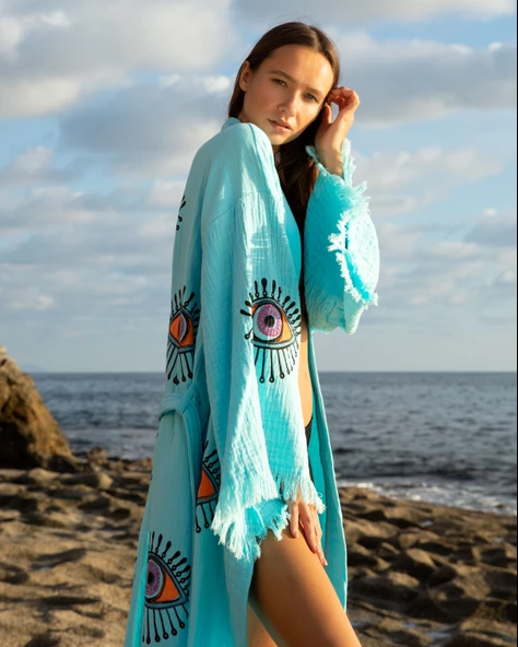 Bornoz ,Plaj Kıyafeti,Kimono , Kaftan ,Sabahlık  Turkuaz Kumaş Turuncu Nazar Göz Baskılı - 4