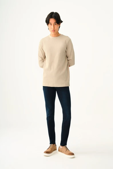 Loft 2033363 Taş Erkek Bisiklet Yaka Lif Desenli Regular Fit Sweat Tshirt - 2