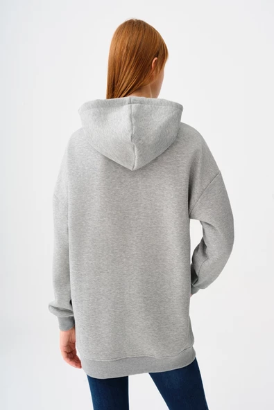 Loft 2038225 Gri Kadın Kapişonlu İp Detaylı Boydan Fermuarlı Cepli Hırka Sweat - 3