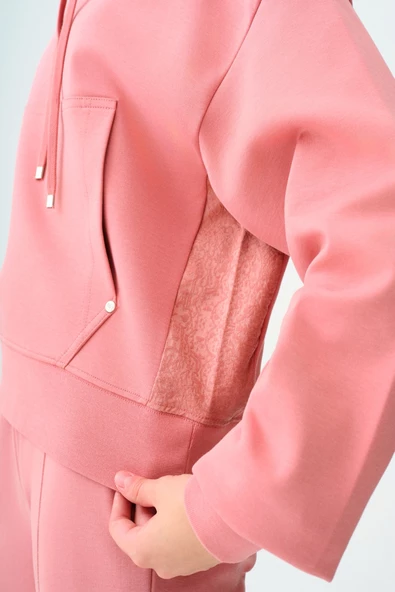 Loft 2038207 Gülpembe Kadın Kanguru Cepli Kapüşonlu İp Detaylı Sweat - 5