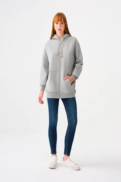 Loft 2038225 Gri Kadın Kapişonlu İp Detaylı Boydan Fermuarlı Cepli Hırka Sweat - 2