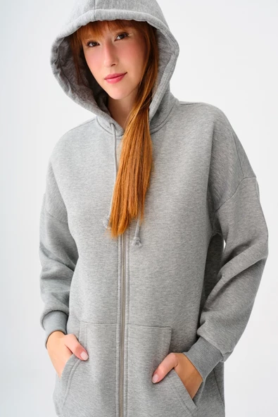 Loft 2038225 Gri Kadın Kapişonlu İp Detaylı Boydan Fermuarlı Cepli Hırka Sweat - 4