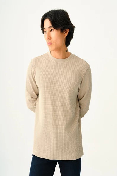 Loft 2033363 Taş Erkek Bisiklet Yaka Lif Desenli Regular Fit Sweat Tshirt