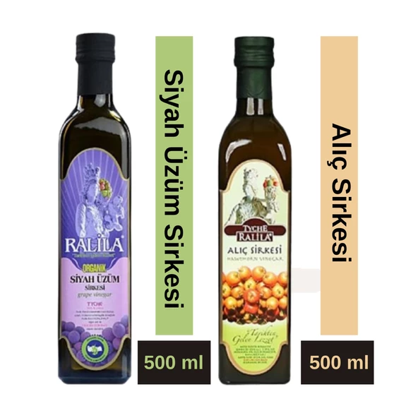 Ralila Doğal Alıç Sirkesi 500 ml Organik Siyah Üzüm Sirkesi 500 ml 2 li Set