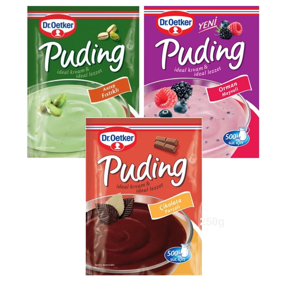 Dr.Oetker Puding Orman Meyveli 81 g Antep Fıstıklı 91 g Çikolata Parçalı 115 g 3 lü Set