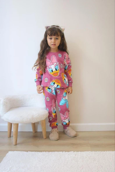 KIZ ÇOCUK MICKEY MODELLİ BİSİKLET YAKA PAMUK EŞOFMAN TAKIMI - 3