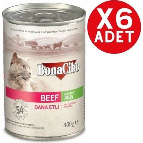 BonaCibo Jöleli Dana Etli Yaş Kedi Maması Yetişkin Kediler için Tam Yaş Mama 400 gr x 6 Adet