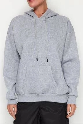 Üç İplik Kapüşonlu Sweatshirt Melanj Gri