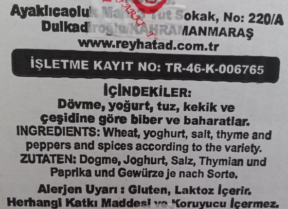 Reyhatad Maraş tarhana 865 gr karton ambalaj - 2