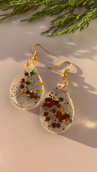 Şeffaf Epoksi İçine Renkli Glitter Süsleme Gümüş Aksesuarlı Damla Şekil Epoksi Küpe El Yapımı - Resim 3