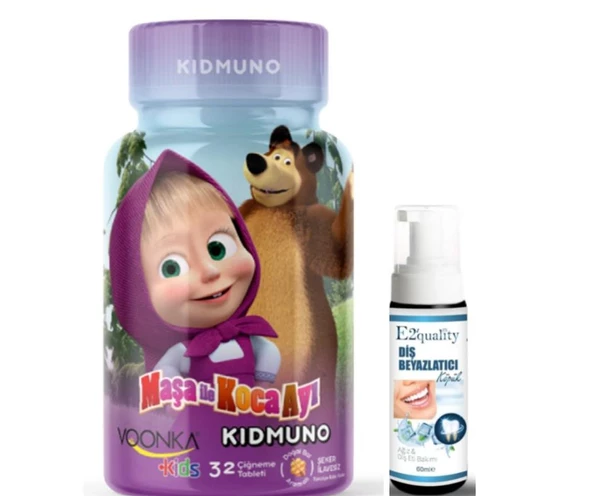 Voonka Kids Maşa ve Koca Ayı Kidmuno Takviye Edici Gıda 32 Tablet- Diş Beyazlatıcı Köpük Hediye