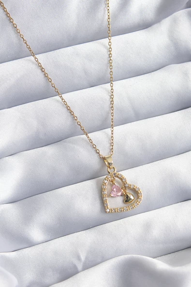 316L Çelik Gold Renk Zincir Zirkon Taşlı Kalp Model Kadın Kolye - TJ-BKO7999 - 1