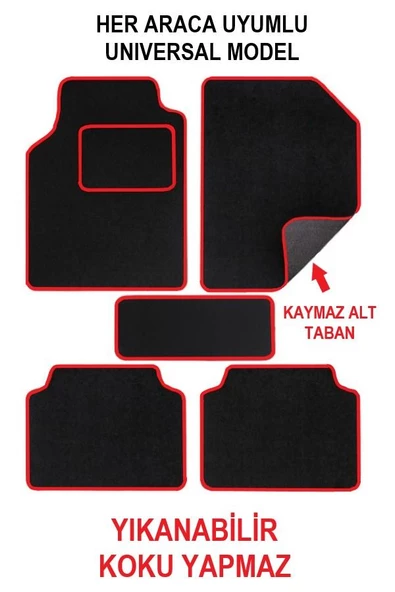 OTO MOTTO Universal Oto Halı Paspas Kaymaz Tabanlı Araba Paspası (Kırmızı Kenarlı) 5 Parça - 3