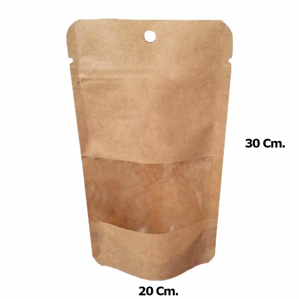 Doypack Pencereli Kraft Delikli Kilitli Kese Kağıdı - Orta Boy - 20x30 Cm. -1000 Gr. - 200 Adet - Resim 2