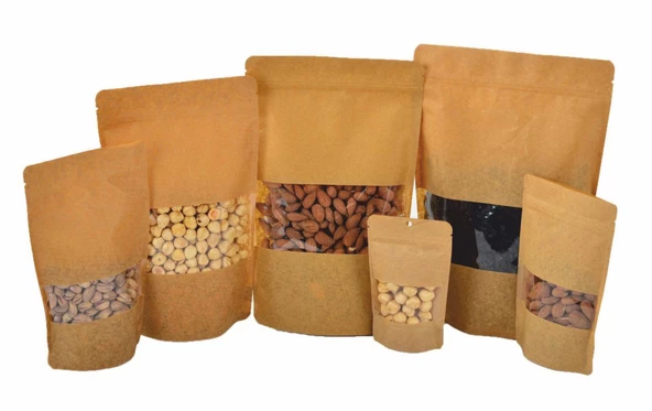 Doypack Pencereli Kraft Delikli Kilitli Kese Kağıdı - Orta Boy - 20x30 Cm. -1000 Gr. - 100 Adet - Resim 3