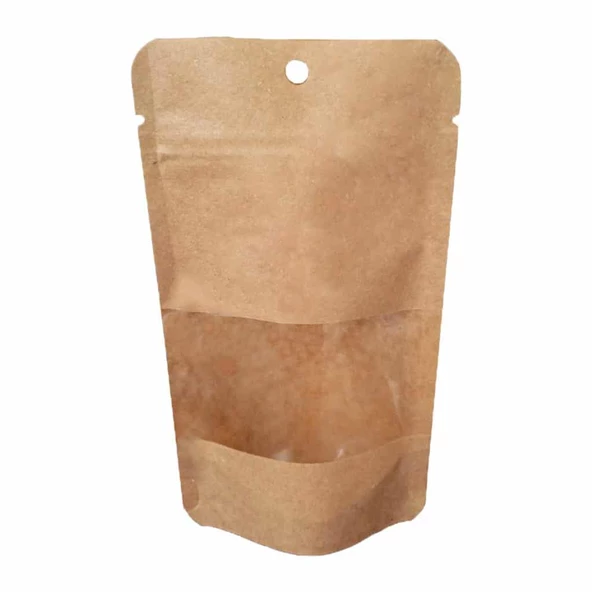 Doypack Pencereli Kraft Delikli Kilitli Kese Kağıdı - Orta Boy - 20x30 Cm. -1000 Gr. - 200 Adet ürün görseli 1