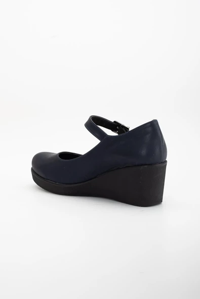 Baretli Suni Deri Lacivert Kadın Dolgu Taban Ayakkabı - Resim 5