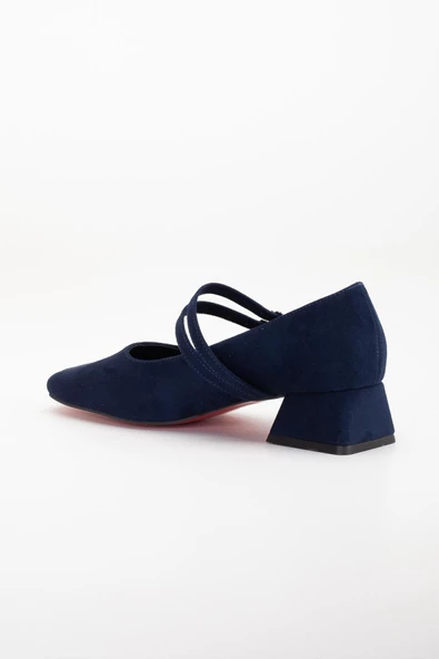 Büyük Numara 2 Bantlı Süet Lacivert Kadın Kısa Topuklu Ayakkabı - Resim 5