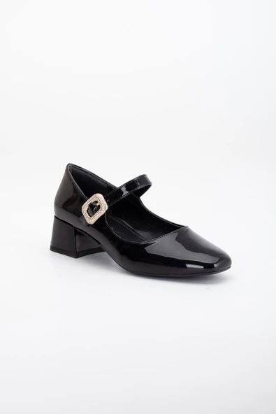 Rugan Baretli Taşlı Toka Siyah Kadın Kısa Topuklu Ayakkabı - Resim 4