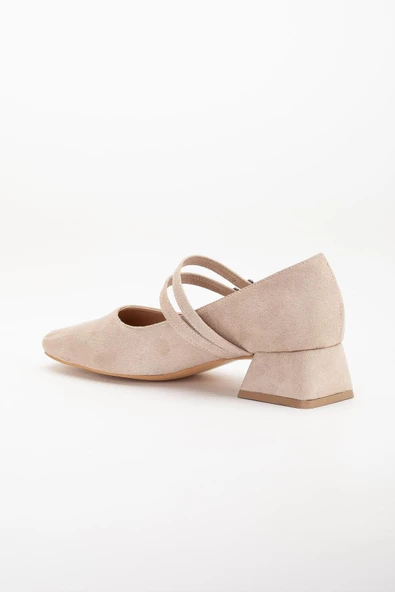 Büyük Numara 2 Bantlı Süet Ten Kadın Kısa Topuklu Ayakkabı - Resim 5