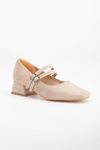 Büyük Numara 2 Bantlı Süet Ten Kadın Kısa Topuklu Ayakkabı - Resim 4