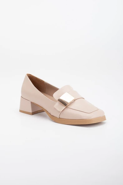 Metal Aksesuarlı Küt Burun Nude Kadın Kalın Topuklu Ayakkabı - Resim 4