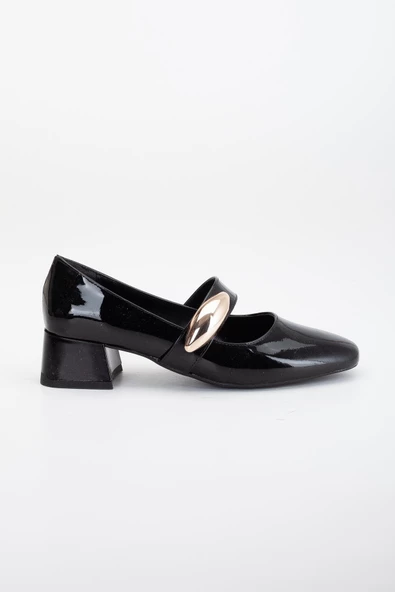 Büyük Numara Rugan Kalın Baret Metal Aksesuar Siyah Kadın Kısa Topuklu Ayakkabı - Resim 3