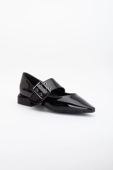 Kalın Baretli Siyah Rugan Kadın Kısa Topuklu Ayakkabı - Resim 4