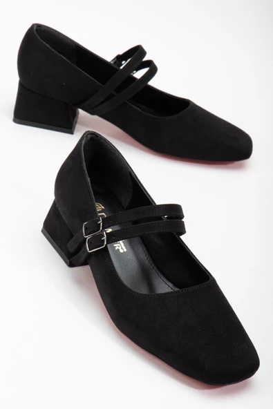 Büyük Numara 2 Bantlı Süet Siyah Kadın Kısa Topuklu Ayakkabı - Resim 2