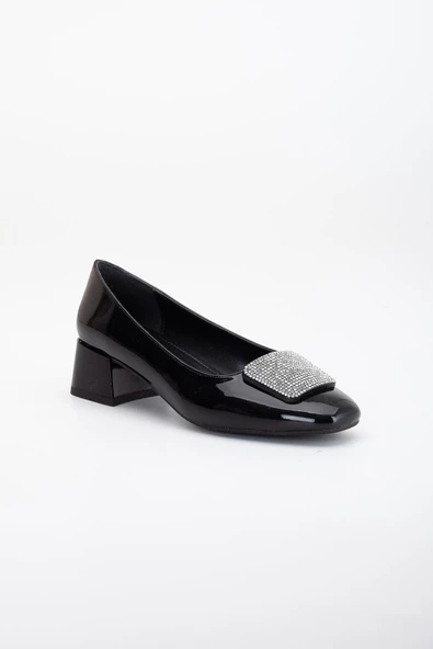 Büyük Numara Rugan Kare Taşlı Siyah Kadın Kısa Topuklu Ayakkabı - Resim 4