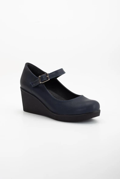 Baretli Suni Deri Lacivert Kadın Dolgu Taban Ayakkabı - Resim 4