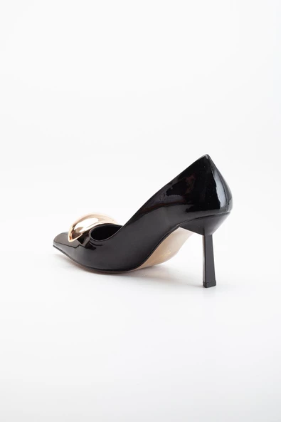 Rugan İnce Topuk Metal Aksesuarlı Siyah Kadın Stiletto - 5