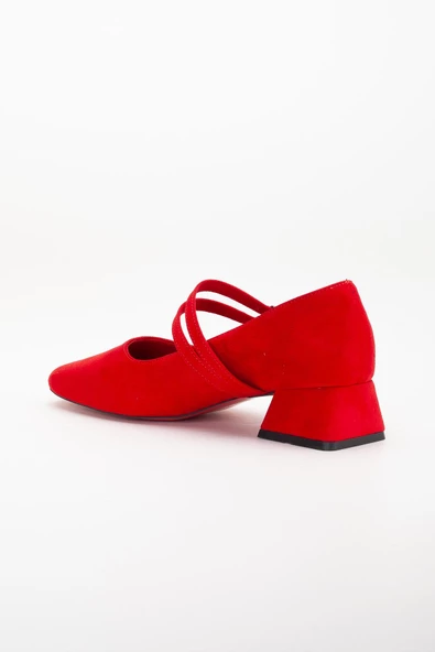 Büyük Numara 2 Bantlı Süet Kırmızı Kadın Kısa Topuklu Ayakkabı - Resim 5