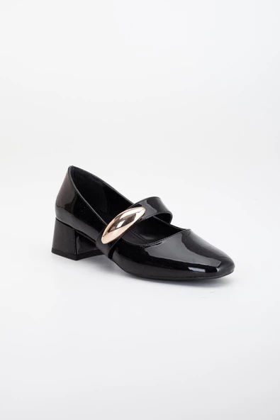 Büyük Numara Rugan Kalın Baret Metal Aksesuar Siyah Kadın Kısa Topuklu Ayakkabı - Resim 4