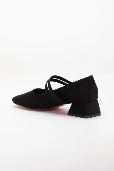 Büyük Numara 2 Bantlı Süet Siyah Kadın Kısa Topuklu Ayakkabı - Resim 5