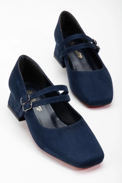 Büyük Numara 2 Bantlı Süet Lacivert Kadın Kısa Topuklu Ayakkabı - Resim 2
