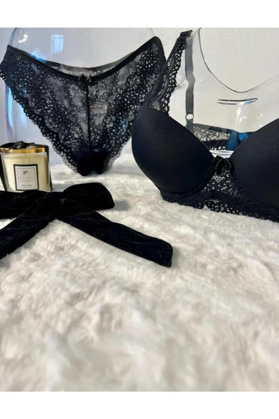 Dantel Detaylı Destekli Siyah Sütyen Takım - 2