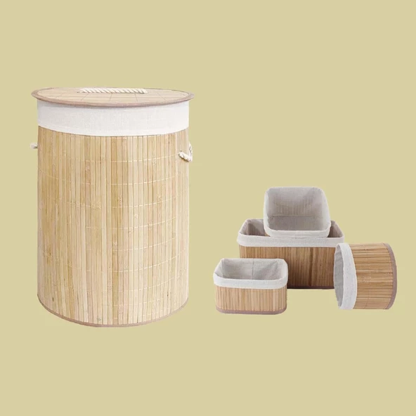 Bambu Katlanır Çamaşır Sepeti ve Organizer Set