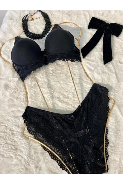 Dantel Detaylı Destekli Siyah Sütyen Takım - 4