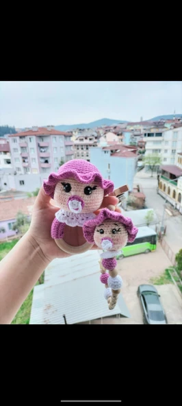 Amigurumi çıngırak ve emzik Zinciri isme özel Dukakidstoys bebek oyuncağı
