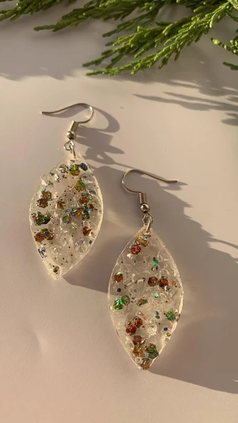 Şeffaf Epoksi İçine Renki Glitter Süsleme Kristal Desen Elips Şekil Gümüş Aksesuarlı Küpe El Yapımı